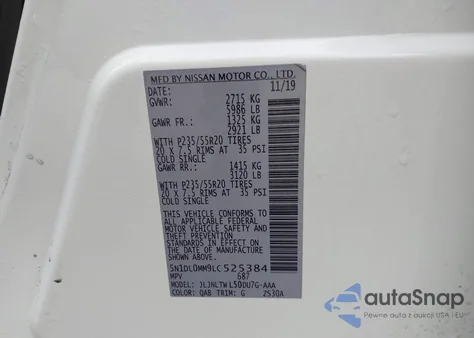 2020 Infiniti Qx60 Luxe Awd z USA, uszkodzony, nr VIN 5N1DL0MM9LC525384